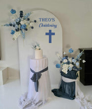Load image into Gallery viewer, Plain arch / backdrop 2 x white blue flowers & plinths Package - HIRE ONLY