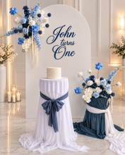 Load image into Gallery viewer, Plain arch / backdrop 2 x white blue flowers & plinths Package - HIRE ONLY