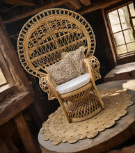 Load image into Gallery viewer, Boho Deluxe set up Peacock Chair, 2 x flowers, backdrop & urn flowers - HIRE ONLY