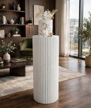 Load image into Gallery viewer, White cement look round ripple plinth - 90cm - HIRE ONLY