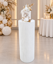 Load image into Gallery viewer, White cement look round ripple plinth - 90cm - HIRE ONLY