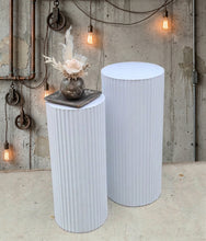 Load image into Gallery viewer, White cylinder ripple plinth cake or flower stand - 55cm - HIRE ONLY