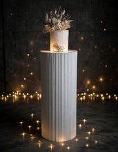 Load image into Gallery viewer, White cylinder ripple plinth cake or flower stand - 90cm - HIRE ONLY