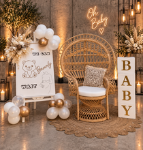 Load image into Gallery viewer, Baby shower neutral package w Queen peacock chair - HIRE ONLY