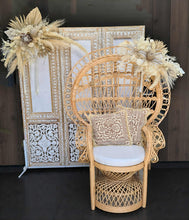 Load image into Gallery viewer, Boho Advanced set up Peacock Chair, 2 x flowers & backdrop - HIRE ONLY