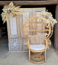 Load image into Gallery viewer, Boho Advanced set up Peacock Chair, 2 x flowers & backdrop - HIRE ONLY