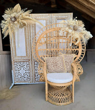 Load image into Gallery viewer, Boho Advanced set up Peacock Chair, 2 x flowers & backdrop - HIRE ONLY