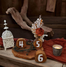 Load image into Gallery viewer, Rustic wood rounds table numbers - HIRE ONLY