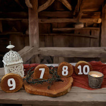 Load image into Gallery viewer, Rustic wood rounds table numbers - HIRE ONLY