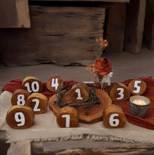 Load image into Gallery viewer, Rustic wood rounds table numbers - HIRE ONLY