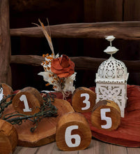 Load image into Gallery viewer, Rustic wood rounds table numbers - HIRE ONLY