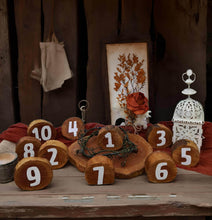 Load image into Gallery viewer, Rustic wood rounds table numbers - HIRE ONLY