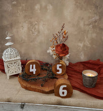 Load image into Gallery viewer, Rustic wood rounds table numbers - HIRE ONLY