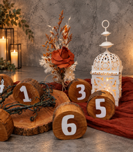 Load image into Gallery viewer, Rustic wood rounds table numbers - HIRE ONLY
