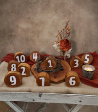 Load image into Gallery viewer, Rustic wood rounds table numbers - HIRE ONLY