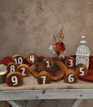 Load image into Gallery viewer, Rustic wood rounds table numbers - HIRE ONLY