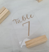 Load image into Gallery viewer, Modern & Elegant glitter acrylic arch table numbers - HIRE ONLY