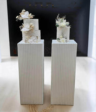 Load image into Gallery viewer, White cement look square ripple plinth cake / flower stand – 90cm - HIRE ONLY
