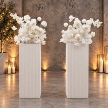 Load image into Gallery viewer, White cement look square ripple plinth cake / flower stand – 90cm - HIRE ONLY