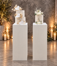 Load image into Gallery viewer, White cement look square ripple plinth cake / flower stand – 90cm - HIRE ONLY