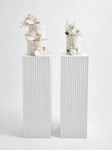 Load image into Gallery viewer, White cement look square ripple plinth cake / flower stand – 90cm - HIRE ONLY