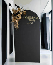 Load image into Gallery viewer, Black arch backdrop and black & gold flowers - HIRE ONLY