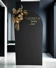 Load image into Gallery viewer, Black arch backdrop and black & gold flowers - HIRE ONLY