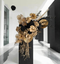 Load image into Gallery viewer, Black arch backdrop and black & gold flowers - HIRE ONLY