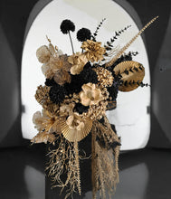 Load image into Gallery viewer, Black arch backdrop and black & gold flowers - HIRE ONLY
