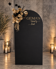 Load image into Gallery viewer, Black arch backdrop and black & gold flowers - HIRE ONLY