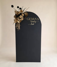 Load image into Gallery viewer, Black arch backdrop and black & gold flowers - HIRE ONLY