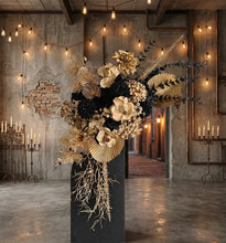 Load image into Gallery viewer, Black arch backdrop and black & gold flowers - HIRE ONLY