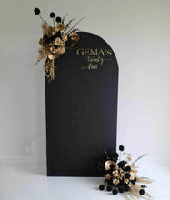 Load image into Gallery viewer, Black arch backdrop & 2 x black & gold flowers - HIRE ONLY