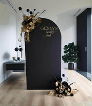 Load image into Gallery viewer, Black arch backdrop & 2 x black & gold flowers - HIRE ONLY