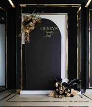 Load image into Gallery viewer, Black arch backdrop & 2 x black & gold flowers - HIRE ONLY