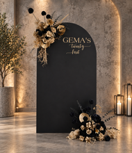 Load image into Gallery viewer, Black arch backdrop & 2 x black & gold flowers - HIRE ONLY