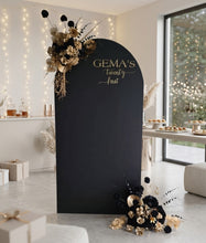 Load image into Gallery viewer, Black arch backdrop & 2 x black & gold flowers - HIRE ONLY