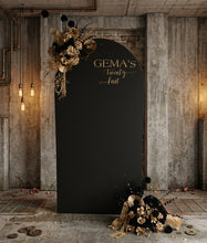 Load image into Gallery viewer, Black arch backdrop & 2 x black & gold flowers - HIRE ONLY