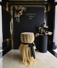 Load image into Gallery viewer, Black arch backdrop, 2 x black & gold flowers & 2 x black plinths - HIRE ONLY