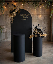 Load image into Gallery viewer, Black arch backdrop, 2 x black & gold flowers & 2 x black plinths - HIRE ONLY