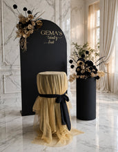 Load image into Gallery viewer, Black arch backdrop, 2 x black & gold flowers & 2 x black plinths - HIRE ONLY