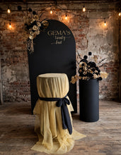 Load image into Gallery viewer, Black arch backdrop, 2 x black & gold flowers & 2 x black plinths - HIRE ONLY