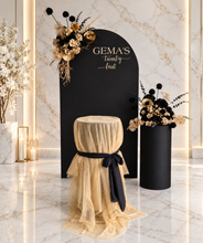 Load image into Gallery viewer, Black arch backdrop, 2 x black & gold flowers & 2 x black plinths - HIRE ONLY