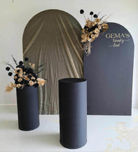 Load image into Gallery viewer, 2 x arch backdrop, 2 x black & gold flowers, 2 x black plinths - HIRE ONLY