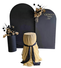 Load image into Gallery viewer, 2 x arch backdrop, 2 x black & gold flowers, 2 x black plinths - HIRE ONLY