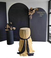 Load image into Gallery viewer, 2 x arch backdrop, 2 x black & gold flowers, 2 x black plinths - HIRE ONLY