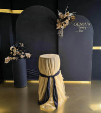 Load image into Gallery viewer, 2 x arch backdrop, 2 x black & gold flowers, 2 x black plinths - HIRE ONLY