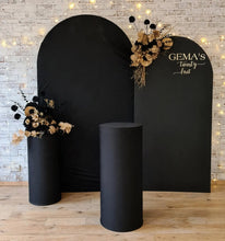 Load image into Gallery viewer, 2 x arch backdrop, 2 x black & gold flowers, 2 x black plinths - HIRE ONLY