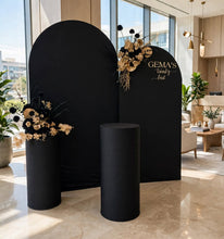 Load image into Gallery viewer, 2 x arch backdrop, 2 x black & gold flowers, 2 x black plinths - HIRE ONLY