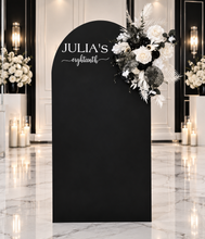 Load image into Gallery viewer, Black arch / backdrop and black & white flowers - HIRE ONLY